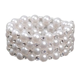 Fuqimanman2020 Multi Row Imitition Pearl Stretch Bracelet Stackable Crystal Strand Multi-Layered Elastic Bangle for Women 1920s Costume Vintage Bridal Wedding Jewelry (4 Rows)
