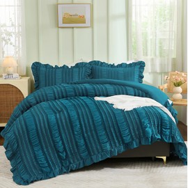 WONGS BEDDING Teal Comforter Set King,3 Pieces Ruffle Farmhouse Shabby Chic Comforter for King Bed,Soft Textured Boho Bedding Set with 1 Ruffle Comforter,2 Tufted Pillowcases 104"×90"