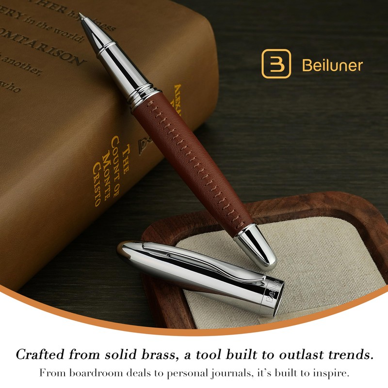BEILUNER 318 Luxury Leather Pen, Hand-Stitched Premium Leather, Chrome-Plated Finish,
