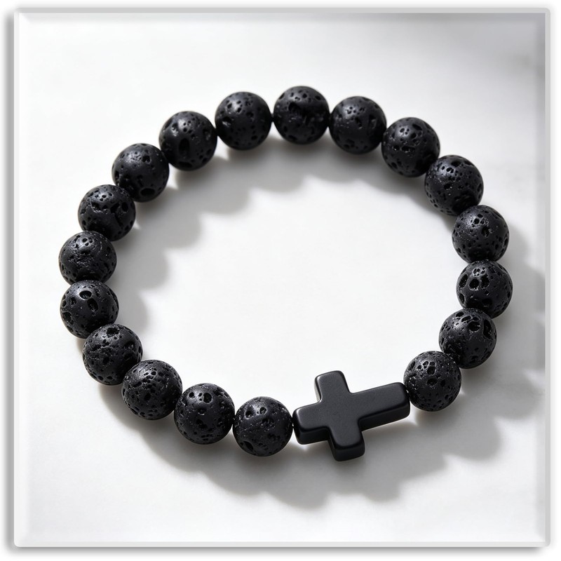 Xusamss Volcanic Stone Bead Cross Stretch Bracelet for Women Men,Lava