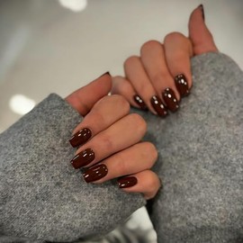 Uñas postizas marrones cuadradas medianas, uñas postizas de gel suaves, uñas acrílicas brillantes de cobertura completa, fáciles de aplicar con pegame