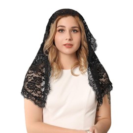 HEREAD Lace Veil Short Mantilla Catholic Church Wedding Veils for Brides Latin Mass Bridal Head Covering with Comb and fringe (A Black)
