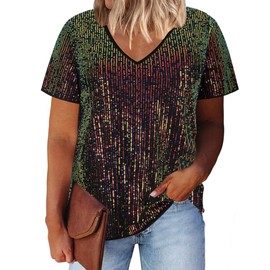 Lwcbcby Plus Size Sequin Shirts for Women Short Sleeve Party Tops Champagne V Neck Shimmer Wedding Blouse Pullover 3XL 20W 22W
