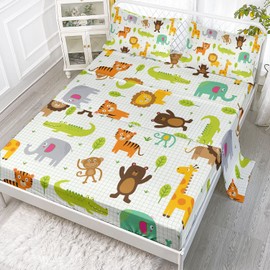 Datura home Kawaii Sheet Set 4Pcs Fitted and Flat Girls Boys Woodland Wild Animal Printed with 1 + 2 Pillowcases(Wild Animal Twin) Twin 67x97 inches