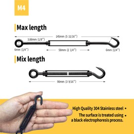 RiaYer 5 Pack Black Stainless Steel Wire Rope Tensioner Turnbuckle for Cables Wire, M4 Hook and Eye Heavy Duty, Adjustable Hardware Kit for DIY String Light, Picture Hanging, Shade Sail