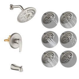 SHAMANDA Shower Tub Faucet Set with Rough-in Valve and Trim Kit, Shower System with Waterfall Diverter Tub Spout, Single Handle 8 Inch 6-Spray Rain Shower Head Combo Set, Brushed Nickel, L818-2