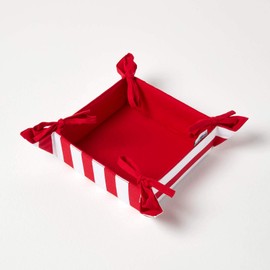 HOMESCAPES Reversible Bread Basket Double Design Fabric Red Striped Pattern Foldable Basket for Buns Eggs Baked Goods 100% Cotton Cover