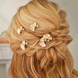 Latious Gold Leaves Bride Wedding Hair Pins Ginkgo Leaf Bridal Hair Clips Pearl Hair Accessories for Women and Girls (Pack of 4)