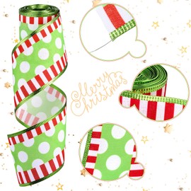 Syhood 2 Rolls Christmas Ribbon Wired 2.5 Inch Dots with Stripes 6 Yard Long Wired Wrapping Colorful Fabric Ribbon Xmas Decorative for Christmas Decor Supplies, Dot Style