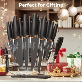 Amorston Knife Set, 22-Piece Kitchen Knife Set with Acrylic Block, Dishwasher Safe with Sharpener, High Carbon Stainless Steel, Anti-slip Ergonomic Handle, Black