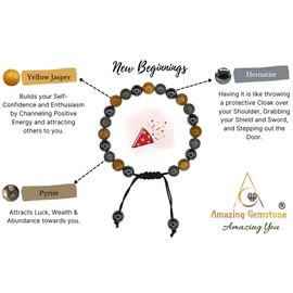 Amazing Gemstone New Beginnings Manifestation Bracelet - Yellow Jasper Pyrite Hematite Bracelet Set for Men Women Healing Calming Anxiety Stress Relief Gifts Pulseras Para Hombres Mujer (Adjustable)