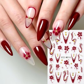 4 Sheets Flower Nail Stickers for Nail Art Gold Stripe Line Floral Nail Decals 3D Self-Adhesive French Tip Nails Supplies for Women Manicure DIY Decoration