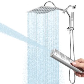 Shower Head 8*12 Inch Rectangular Rain Shower Head with Handheld Spray High Pressure Rainfall Shower Head with Slide Bar Curved Extension Arm Wide Dual Showerhead Bathroom Accessories Polished Chrome
