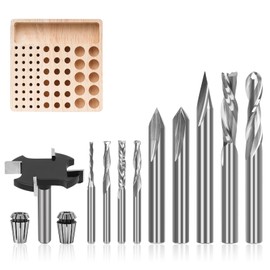 10-Piece CNC Router Bits Set, Carbide Multiple Uses Router Bits for Woodworking Detail Carving Resin Lettering Sign Making Trimming V Groove Engraving, with Storage Rack