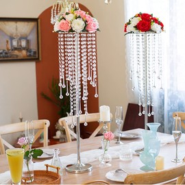 Wedding Centerpieces for Tables, 2Pcs Tall Metal Flower Vases with Chandelier Crystal, 29.5in Silver Flower Stand Centerpieces for Tables Wedding Reception Birthday Party Events Home Decor