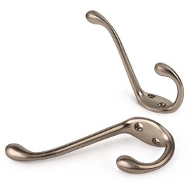 HASWARE 6 PCS Double Prong Robe Hook, Dual Coat Hooks with 12 Pieces Screws Antique Wall Mounted Hooks Robe Vintage Hooks Hangers Large Heavy Duty for Hat Clothes Hanger Towel Keys (Satin Nickel)