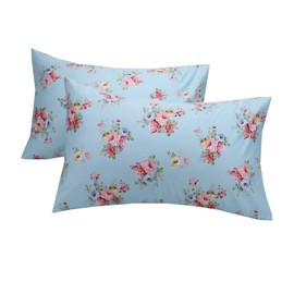 2 Pack Queen Floral Bed Pillow Pillowcases, 100% Cotton Blue Soft Standard Size Pillow Covers with Envelope Closure