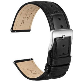 WOCCI 22mm Leder Uhrenarmband, Top Grain Leder, Geprägtes Alligatorkorn, Schnellverschluss, Silberne Schnalle (Schwarz)