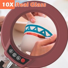 MagnieOpti 10X Magnifying Glass with Light and Stand, Real Glass Lens Desk Lamp, Lighted Magnifier with Light Stepless Dimming Hands Free for Craft, Reading, Painting, Sewing, Solder - Red