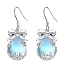 Shusukue Snowflake Bow Earrings 925 Sterling Silver Christmas Earrings Moonstone Snowflake Dangle Drop for Women X Mas Gifts