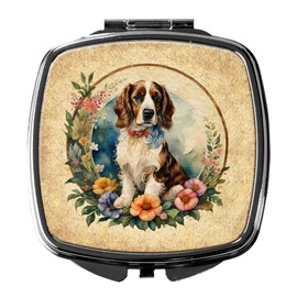 Caroline's Treasures Welsh Springer Spaniel and Flowers Compact Mirror Decorative Travel Makeup Mirror for Women Girls Gifts Pocket Makeup Mirror Folding Handheld