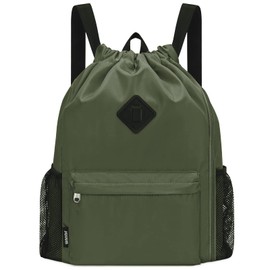 WANDF Drawstring Backpack Sports Bag with Shoe Compartment Water Resistant String Backpack Cinch for Women Men, Dark Green Large, Rucksack