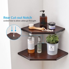 Corner Wall Shelf, Solid Oak Wood White Floating Corner Shelf Organizer with Wire Hole Small Plant Display for Kitchen Bedroom, Dark Walnut