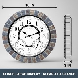 OCEST 18 Inch Large Outdoor Clock Waterproof Thermometer Hygrometer Combo Night Light Illuminated Wall Clocks Battery Operated Silent Non-Ticking Ideal Patio Clock for Garden Pool Porch Yard Garage