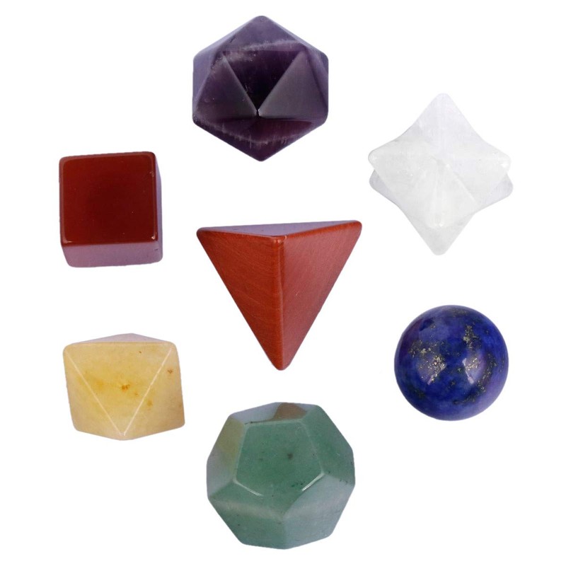 mookaitedecor 7 Chakra Crystal Platonic Solids Sacred Geometry Set, Polished