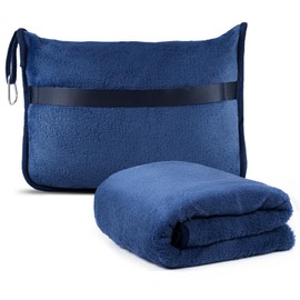 KINGTLE Travel Blanket and Pillow Set, 2-in-1 Blanket with Soft Pillowcase, Backpack Buckle and Luggage Strap, Portable Compact Blanket Set for Airplane and Car Travel (Navy Blue)