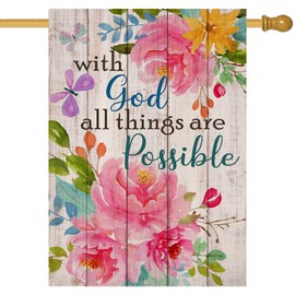 Artofy with God all Things are Possible Decorative Summer Fall House Flag, Religious Peony Flower Outdoor Decor Inspirational Large Butterfly Flag, Garden Yard Home Outside Farmhouse Decorations 28x40