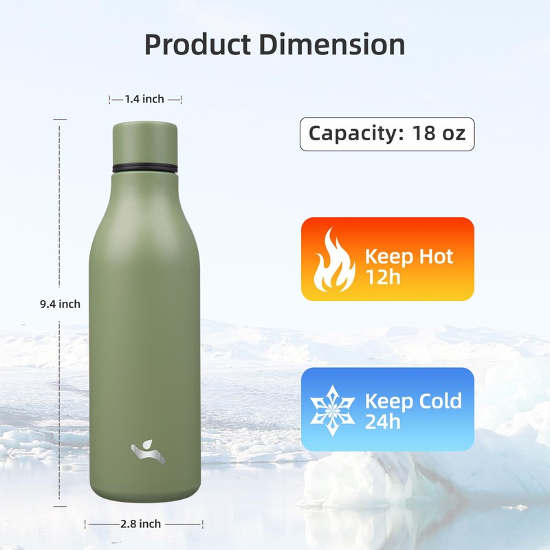 Insulated Water Bottle with Strap,18 oz Double Wall Stainless Steel