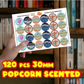 120 Popcorn Fairground 30mm Scented Reward Stickers for Teachers, Parents and Party Bags