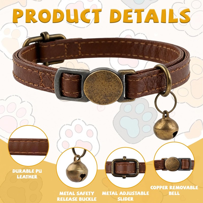 2 Pcs Retro Leather Cat Collar for Boy Cats, Adjustable