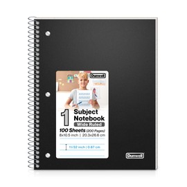 Dunwell 1 Subject Notebook Wide Ruled, (Black), Spiral Notebook, Plastic Cover, 100 Sheets, 8x10.5 Wide Rule Paper, Perforated Pages, One Subject Spiral Notebook for School with Poly Divider Pockets