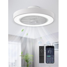 LEDIARY 20 Inch Low Profile Ceiling Fan With Light, Led Bladeless Ceiling Fans, Remote Control Enclosed Flush Mount Ceiling Fan With Timming, 3000-6000K, 6 Wind Speed, 3000LM, 57W-White