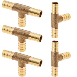 5pcs Brass Tee Barb Fittings 1/4"(6mm), T Shape Barbed Hose Fitting for Water/Fuel/Air Pipe, 3 Way Union Fitting Intersection