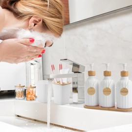 Bathroom Accessories Set White Bathroom Set with Trash Can,3PCS Lotion Soap Dispenser, Toothbrush Holder, Soap Dish,Tumbler Cup,6pcs Wood Tags White Bath Accessories with Tray for Bathroom Decor