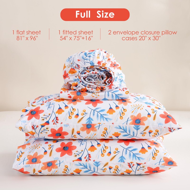 JSD Floral Printed Sheet Set Full Size, 4 Piece Flower