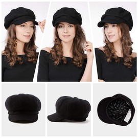 Fancet Winter Hat for Women Satin Lined Hat Ladies Baker Boy Newsboy Cabbie Cap Visor Beret Peaked Hat Black Satin Lining Large