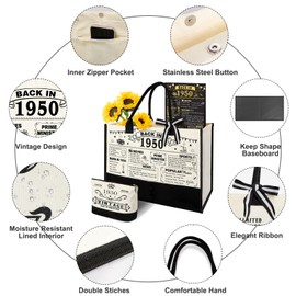 75th Birthday Gifts for Women Canvas Tote Bag Travel Gear, Unique 75 Years Old Birthday Gifts for Mum Wife Aunt Friends Her, Vintage 1950 Handbag & Cosmetic Bag & Back in 1950 Poster