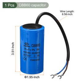 YOKIVE 35uF CBB60 Running Capacitor, Run Capacitor with 2 Wires, AC 450V Start Up Motors, Great for Air Compressors, Pumps (Blue, 90x50mm)