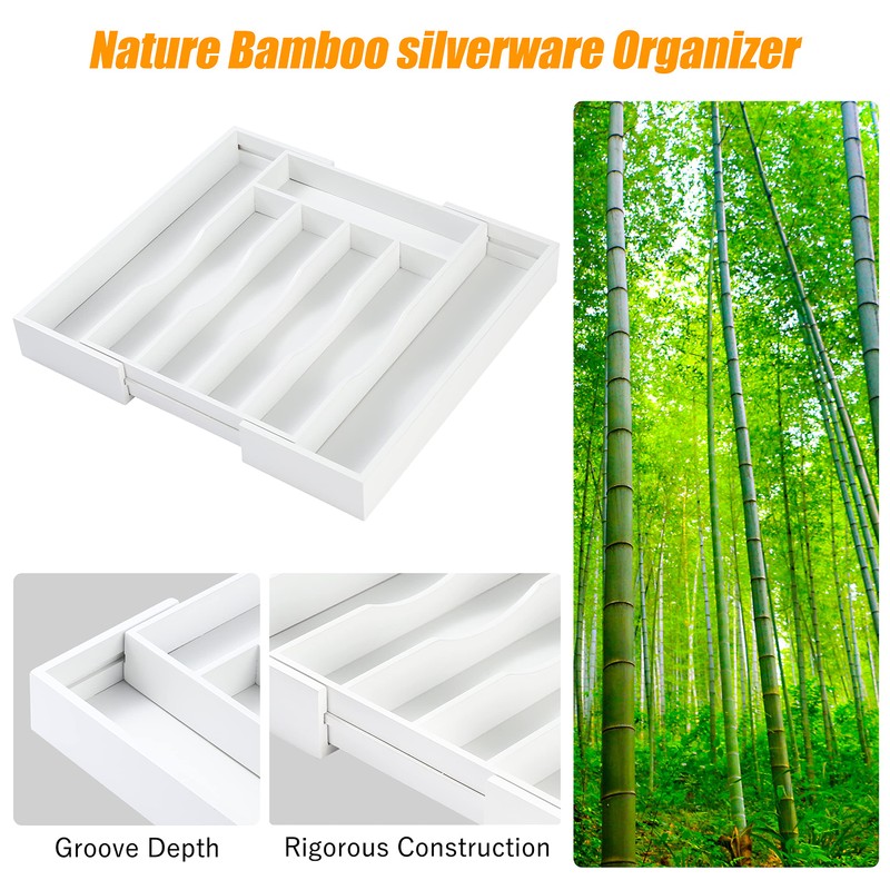 Bellsal White Silverware Organizer Kitchen Drawer Organizer Expandable Bamboo Utensil