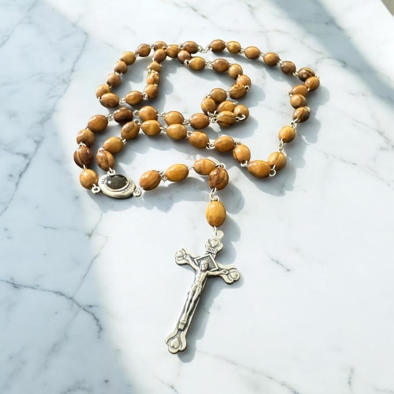 FROM THE HOLY LAND Olive Wood Rosary Necklace, Crafted in