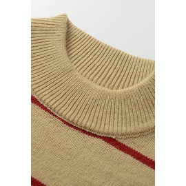 Women's Sweaters Casual Long Sleeve Mock Neck Drop Shoulder Tunic Striped Pullover Knit Sweater Tops_Brown_Small