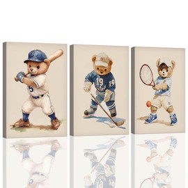 Vintage Sports Nursery Decor Teddy Bear Sports Boys Canvas Wall Decor Baby Boy Nursery Decor Teddy Boy Decorations Cute Sport Bear for Bedroom Playroom Boys Room Decor Stretched 12x16inches x3pcs