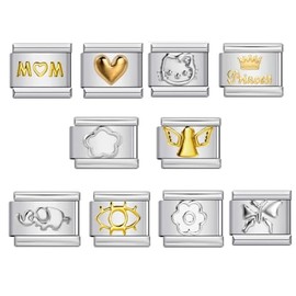 10 Mum Mom Kitty Princess Elephant Starter Bundle Charm Silver Italian 9mm Link Stainless Steel Bracelet Charm Compatible With Nomination 9mm Bracelet