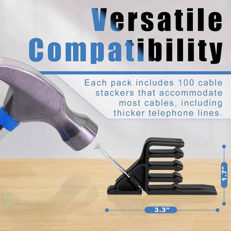 100Pcs Cable Stackers, Cable Staples Clips with Steel Nails, Electrical