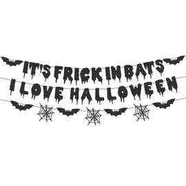 Halloween Banner with Bat and Spider Web Garland- Bloody Bat Decorations for Spooky Party, Black Glitter Hanging Bunting, Wall Mantle Photo Backdrop Home Office Supplies