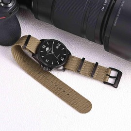 BISONSTRAP Nylon Watch Straps for Men, One-Piece Military Watch Bands, 20mm, Khaki Tan (Black Buckle)